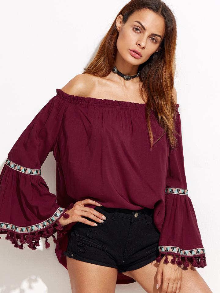 Shein Burgundy Off The Shoulder Fringe Embroidered Blouse