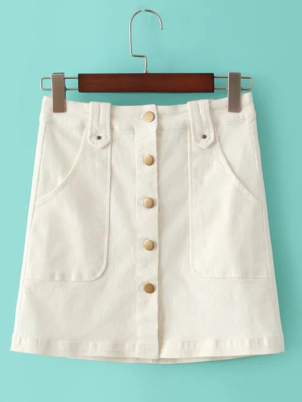 Shein White Buttons Front Pockets A-line Skirt