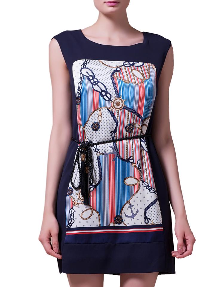 Shein Navy Sleeveless Tie-waist Print Sheath Dress