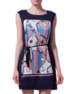 Shein Navy Sleeveless Tie-waist Print Sheath Dress