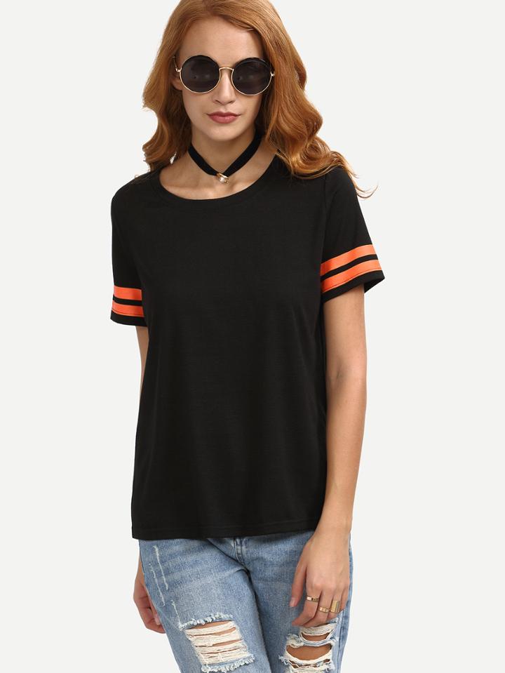 Shein Black Short Sleeve Striped Cuff T-shirt