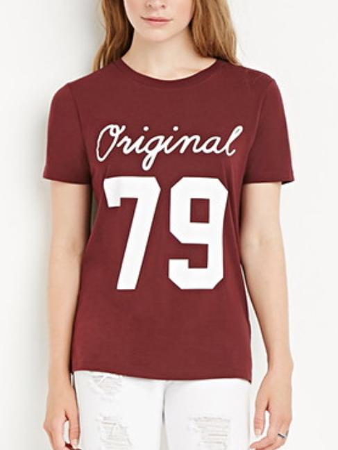 Shein Burgundy Crew Neck Letters 79 Print T-shirt