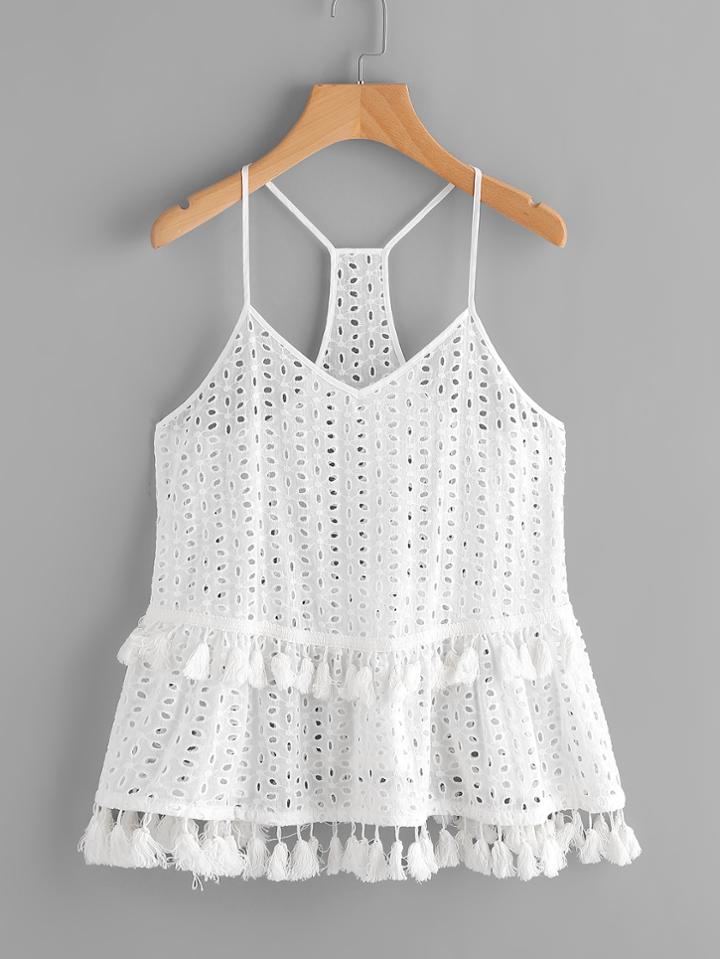 Shein Tassel Trim Eyelet Embroidered Racerback Cami Top