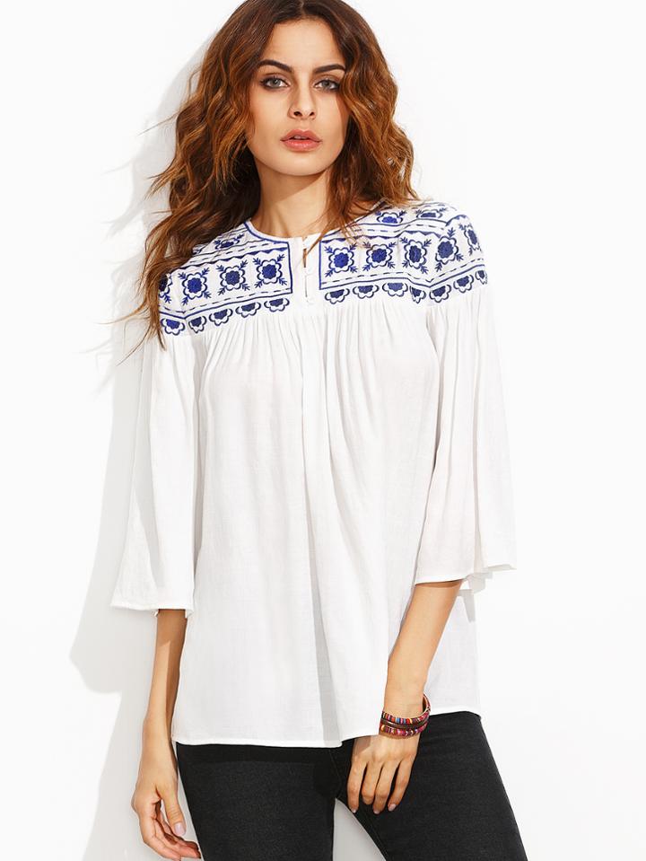 Shein White Button Front Embroidered Yoke Bell Sleeve Tunic Blouse