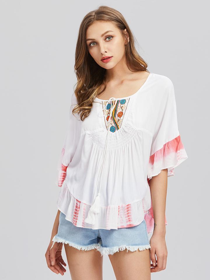 Shein Tie Dye Trim Embroidered Smocked Front Top