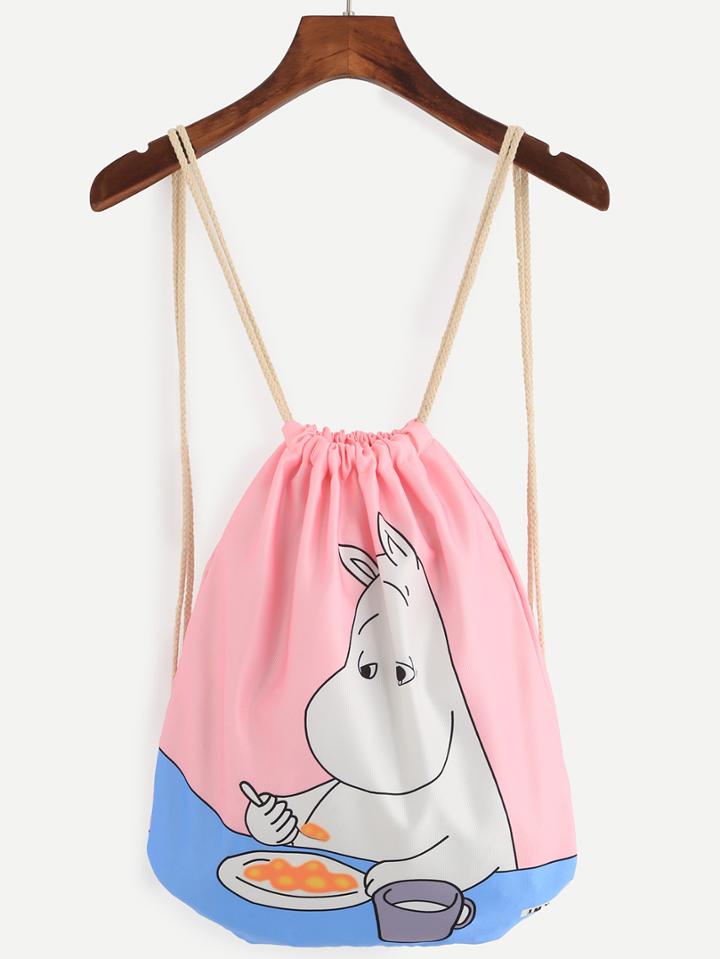 Shein Pink Cartoon Hippo Print Drawstring Backpack