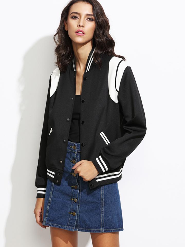 Shein Black Contrast Panel Button Up Varsity Jacket