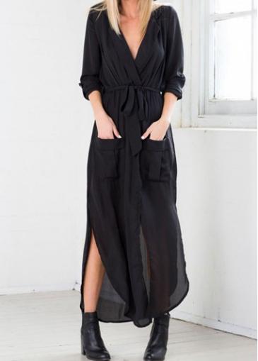 Rosewe Pocket Design Belted Black Maxi Dress