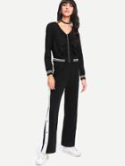 Shein Stripe Trim Shirred Jacket With Button Side Pants
