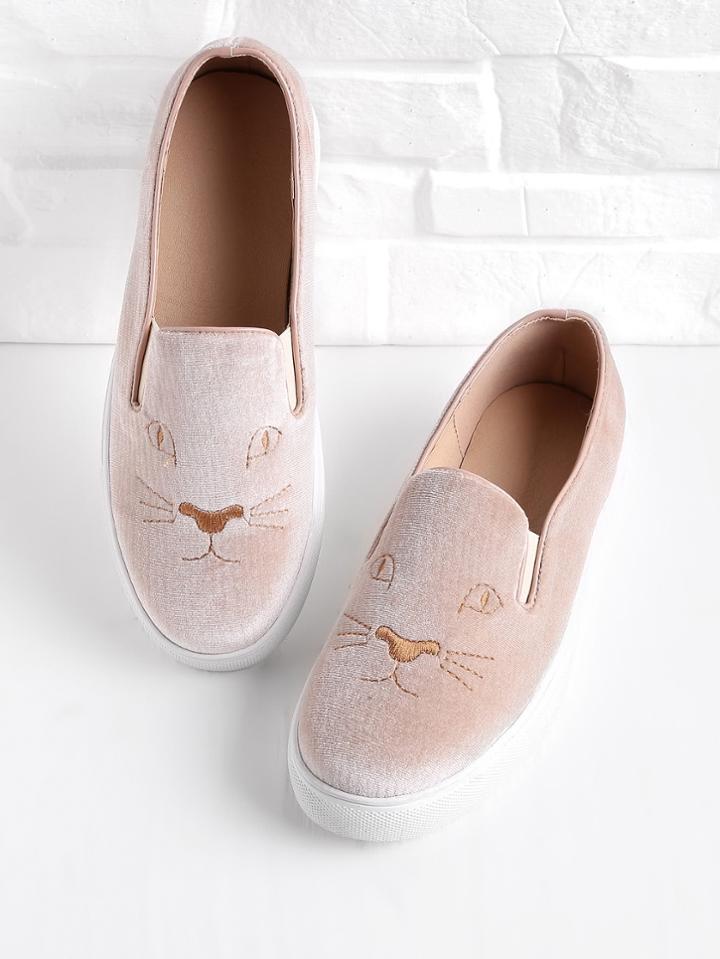 Shein Embroidery Detail Velvet Slip On Plimsolls