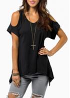 Rosewe Causal Black Cutout Shoulder Solid Black T Shirt