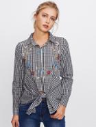 Shein Hidden Button Knot Front Embroidered Gingham Blouse