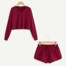 Shein Dropped Shoulder Pullover And Dolphin Shorts Set