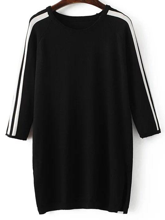 Shein Black Striped Raglan Sleeve Side Slit Sweater Dress