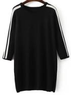 Shein Black Striped Raglan Sleeve Side Slit Sweater Dress