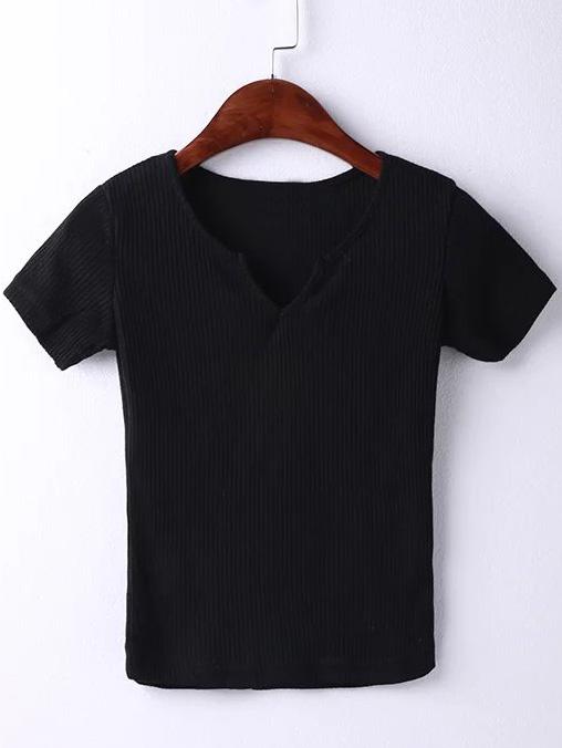 Shein Black Short Sleeve V Neck Ribbed T-shirt