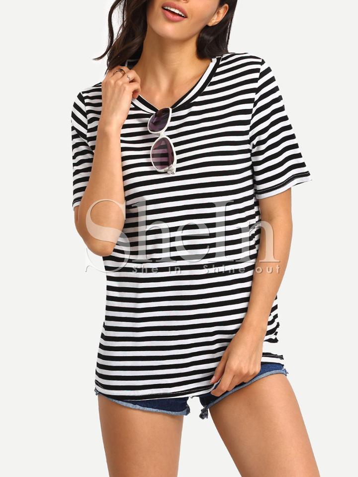 Shein White Black Stripe Casual T-shirt