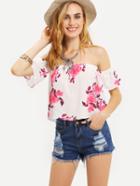 Shein Off The Shoulder Flower Print Top - Pink
