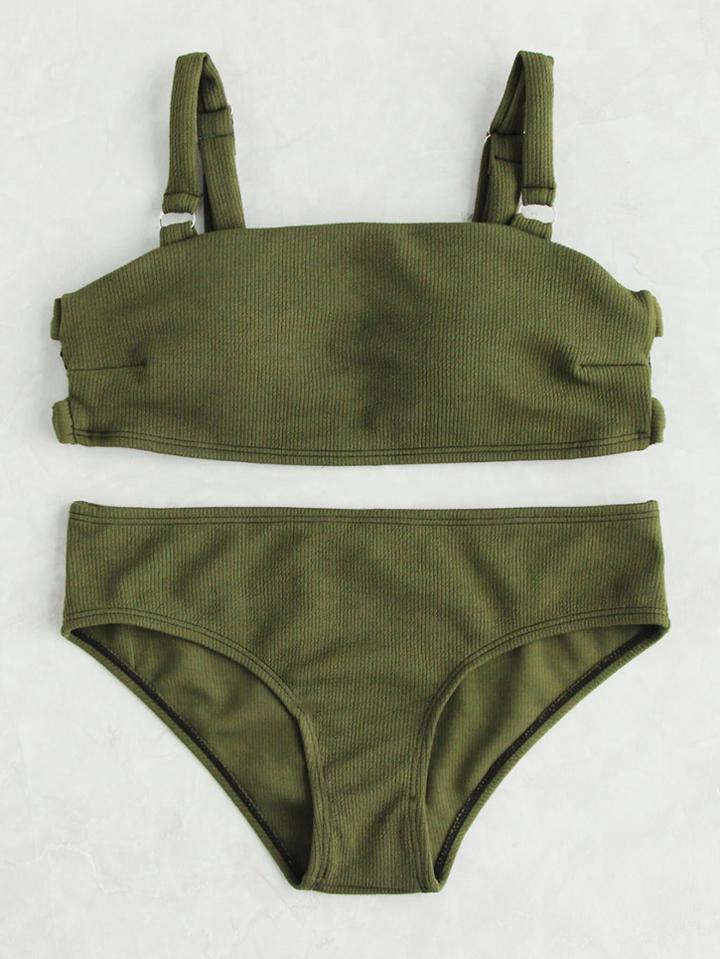 Shein Army Green Ribbed Cut Out Bikini Set