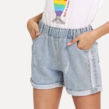 Shein Raw Edge Rolled Hem Bleach Wash Denim Shorts