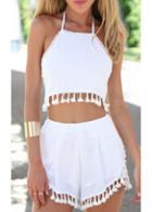 Rosewe Two Pieces White Halter Neck Loose Shorts