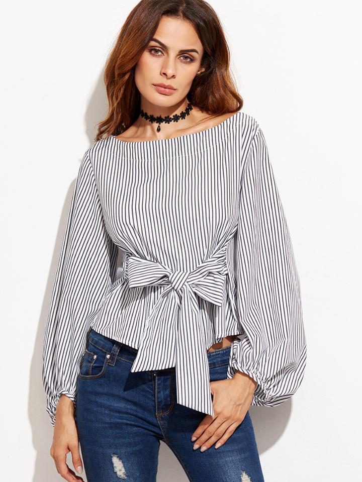 Shein Black And White Striped Bow Tie Front Blouse
