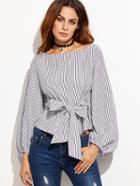 Shein Black And White Striped Bow Tie Front Blouse