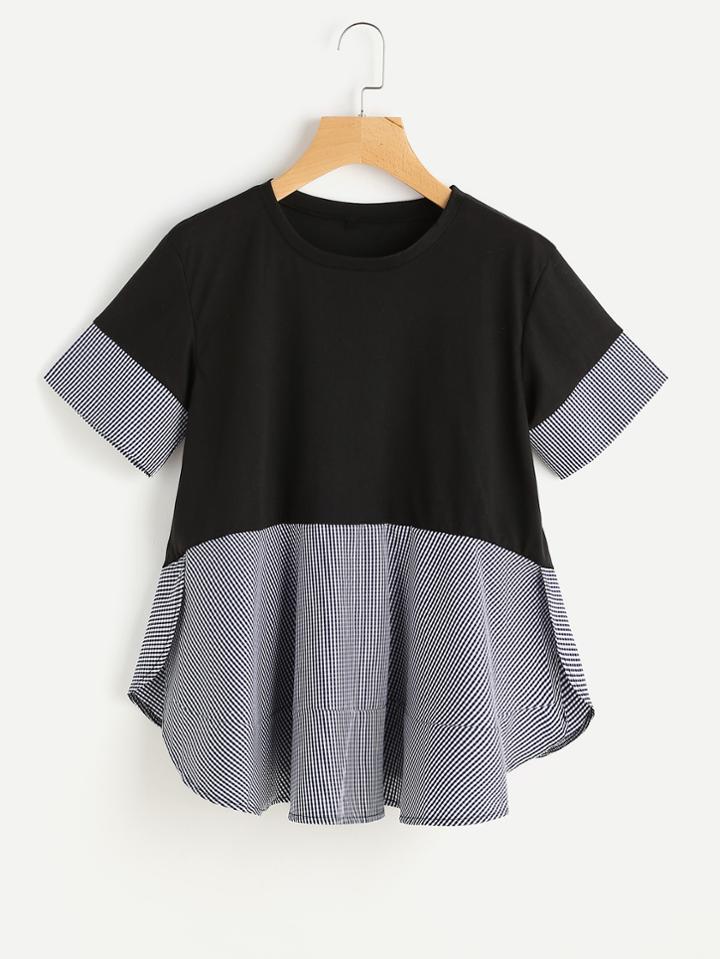 Shein Contrast Gingham Slit Side Curved Hem Tee