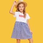 Shein Girls Letter Print Mixed Media Gingham Dress