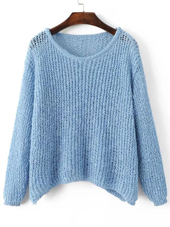 Shein Blue Hollow Out Long Sleeve Batwing Sweater