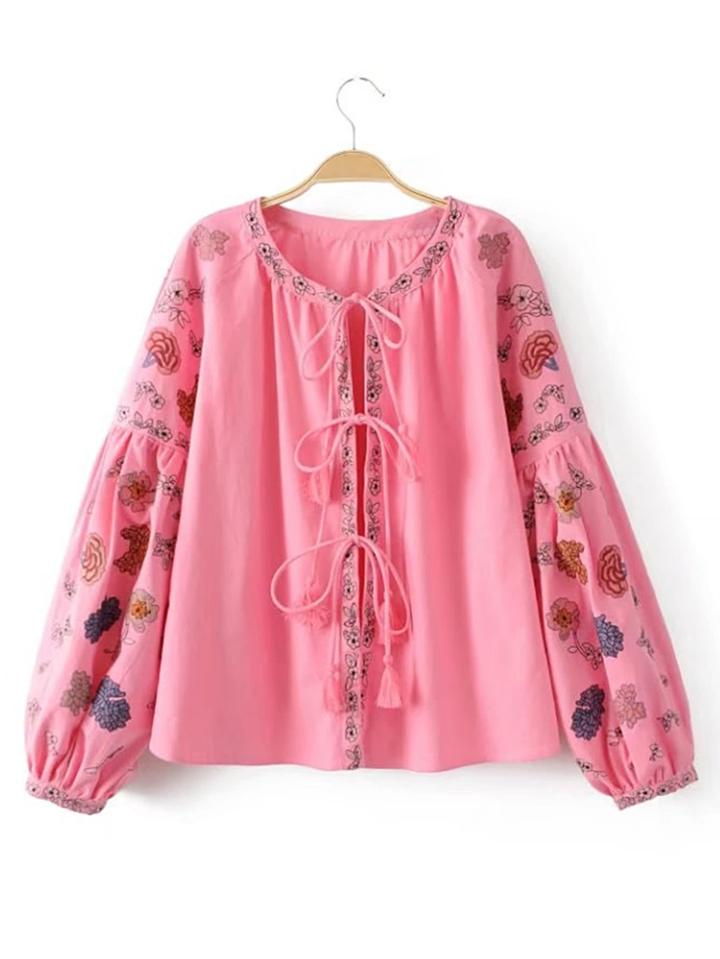 Shein Dropped Shoulders Tassel Lace Up Embroidery Coat