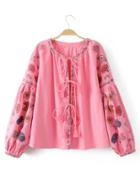 Shein Dropped Shoulders Tassel Lace Up Embroidery Coat