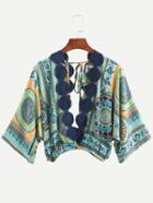 Shein Double Plunge Neck Multicolor Vintage Print Blouse