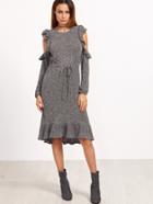 Shein Grey Marled Open Shoulder Drawstring Waist Ruffle Dress
