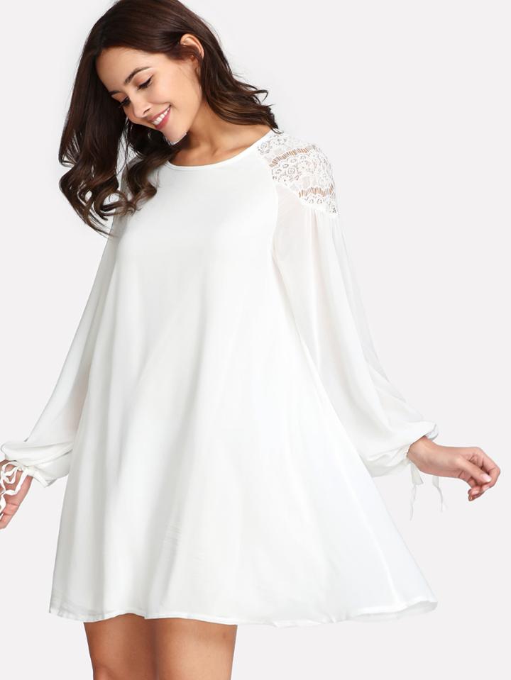 Shein Contrast Lace Bishop Sleeve Dress