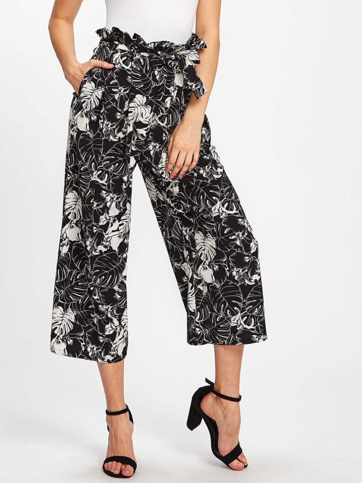Shein Leaf Print Ruffle Hem Tie Waist Pants