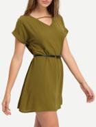 Shein Cutout Neck Rolled Sleeve Dress With Belt