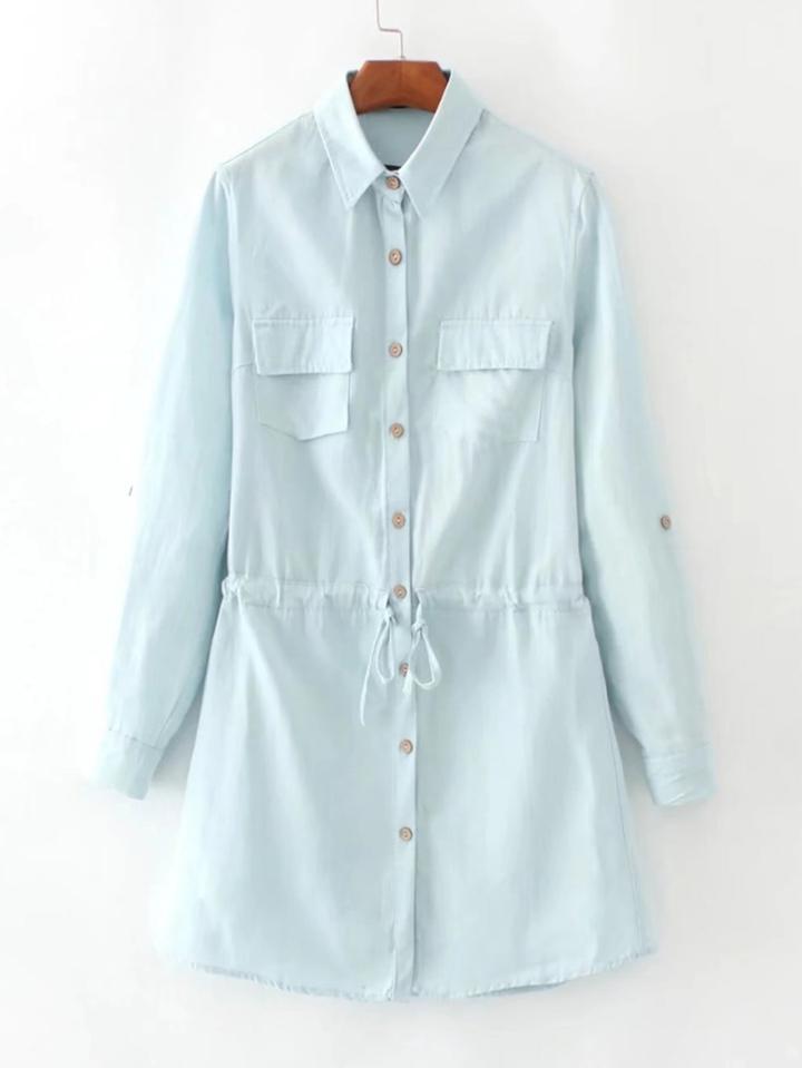 Shein Roll-up Sleeve Drawstring Waist Denim Shirt Dress