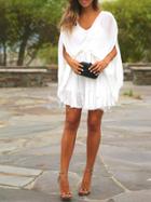 Shein White Batwing Sleeve Drapery Ruffle Dress