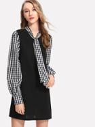 Shein Tie Neck Gingham Sleeve Dress