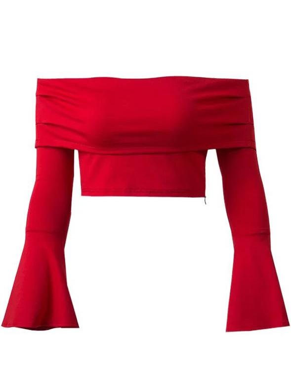 Shein Red Off The Shoulder Bell Sleeve Zipper Crop Top