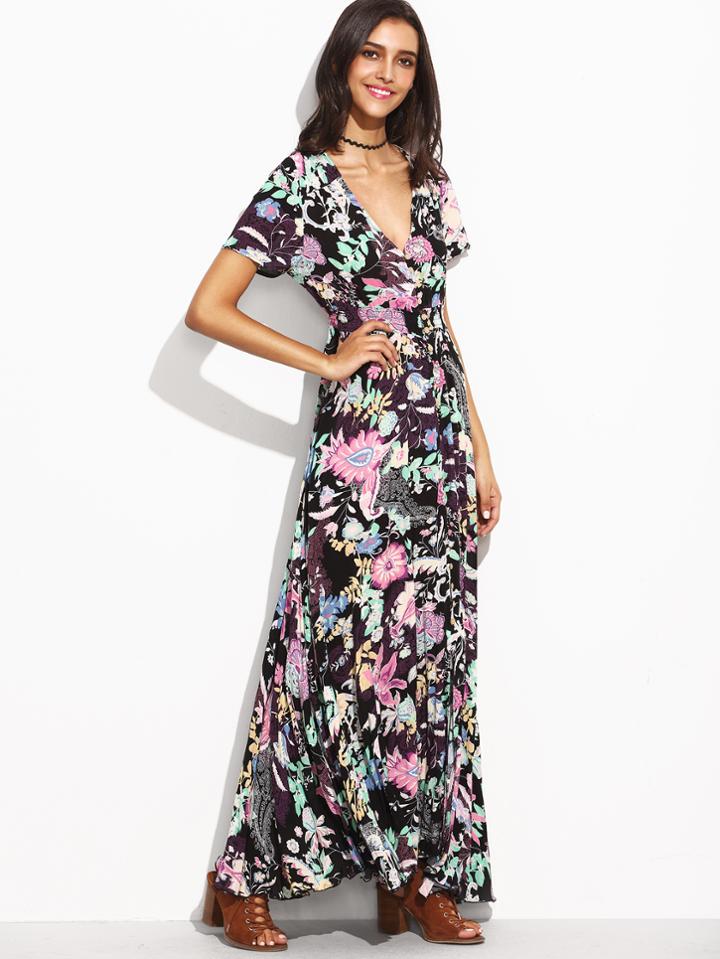 Shein Florals Deep V Neck Elastic Waist Button Front Dress