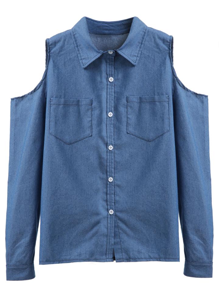 Shein Blue Open Shoulder Pockets Shirt