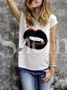 Shein Beige Roll-up Sleeve Cartoon Pattern Casual T-shirt