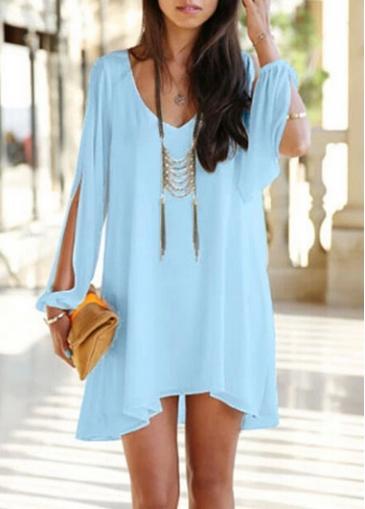 Rosewe Chic V Neck Lantern Sleeve Blue Mini Dress