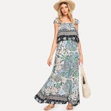 Shein Tropical Print Bardot Top & Wide Leg Pants Set