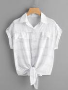 Shein Roll-up Sleeve Knotted Hem Grid Print Shirt