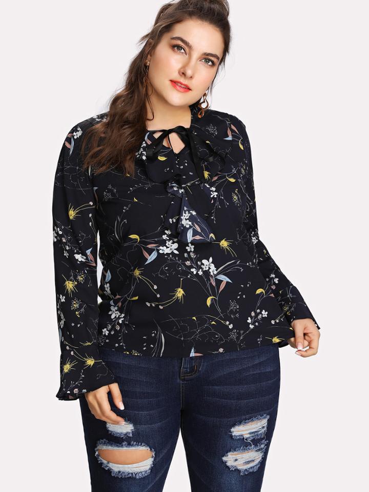 Shein Botanical Print Ruffle Blouse