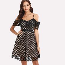 Shein Flounce Cold Shoulder Eyelet Lace Overlay Dress