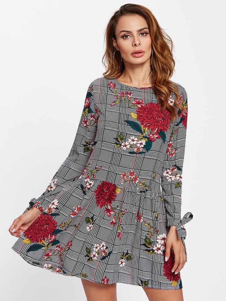 Shein Tie Cuff Floral And Plaid Drop Waist Dress